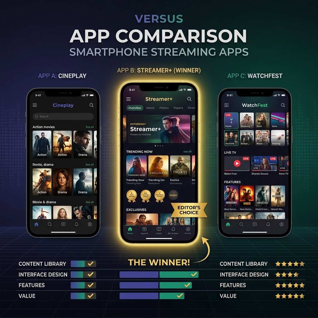 NetMirror vs Pikashow vs TeaTV streaming APK comparison showing three smartphone screens side by side