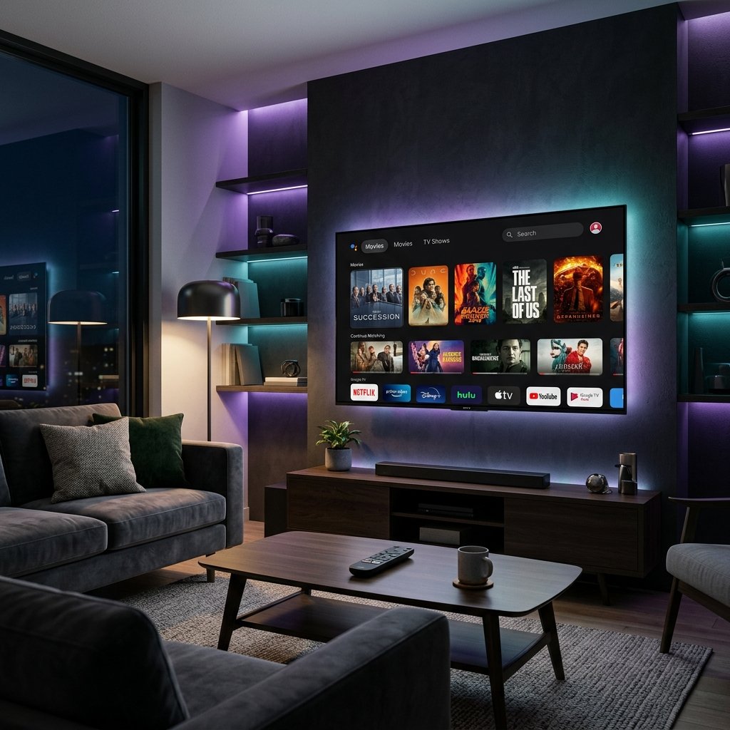 Android TV displaying NetMirror streaming app with movie grid in modern living room setup