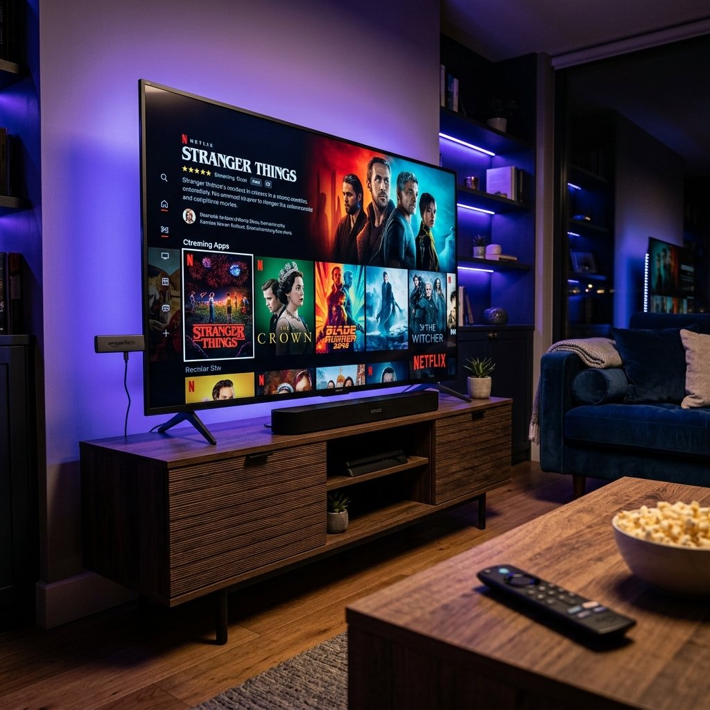 Amazon Firestick connected to TV showing NetMirror streaming app interface in modern living room