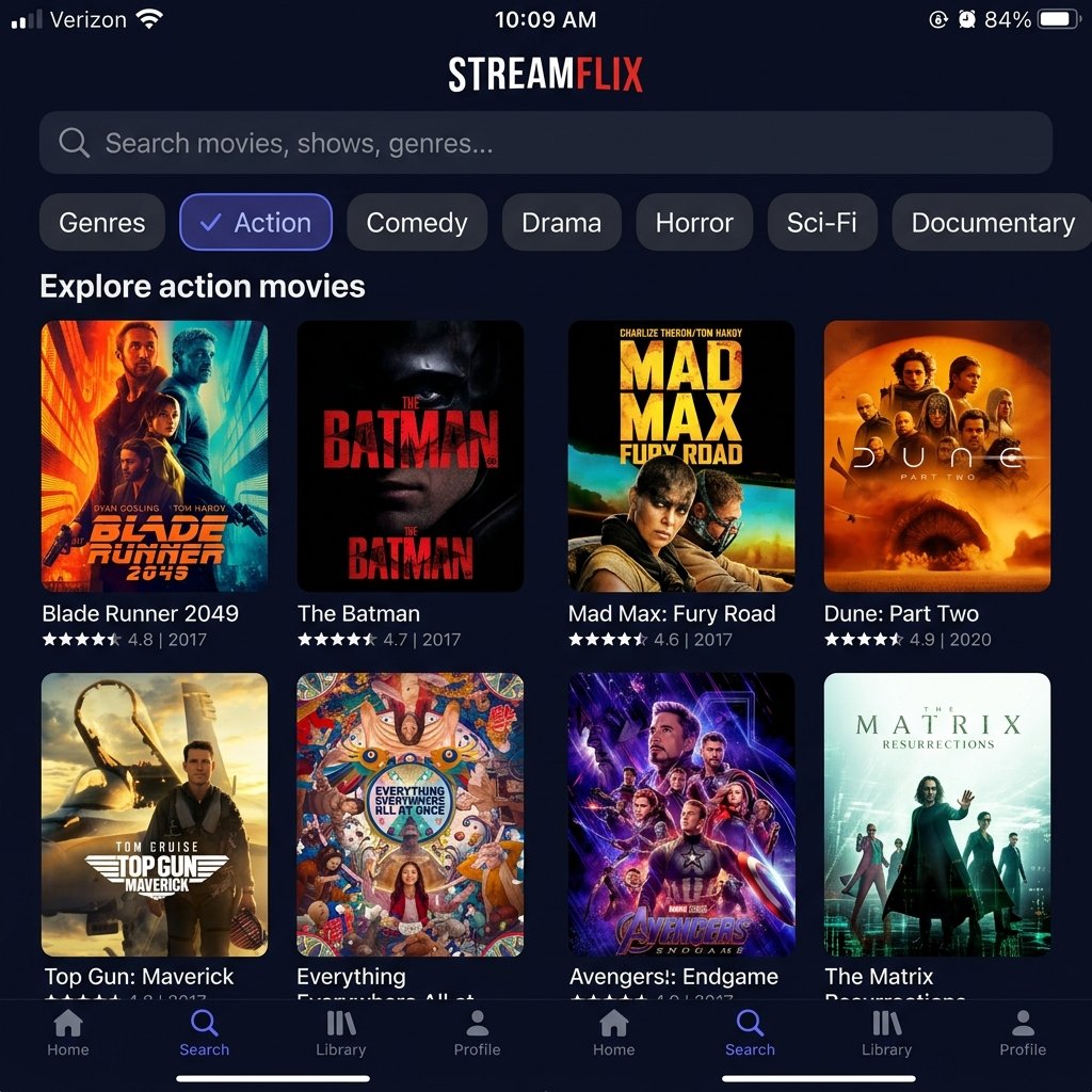 NetMirror search and genre filter interface